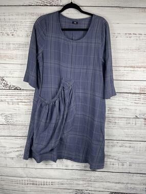 Tulip Dress Women's Small Blue Plaid 3/4 Sleeve Pocket Tunic Boho Cotton Artwear